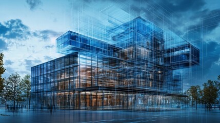 Modern glass building with wireframe overlay.