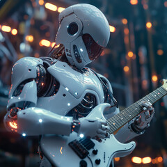 Fototapeta premium Image of a robot playing an electric guitar on stage