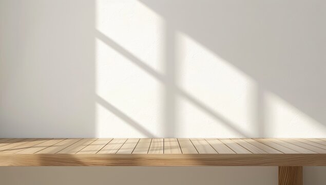 Wooden Shelf with Window Light and Shadow on White Wall