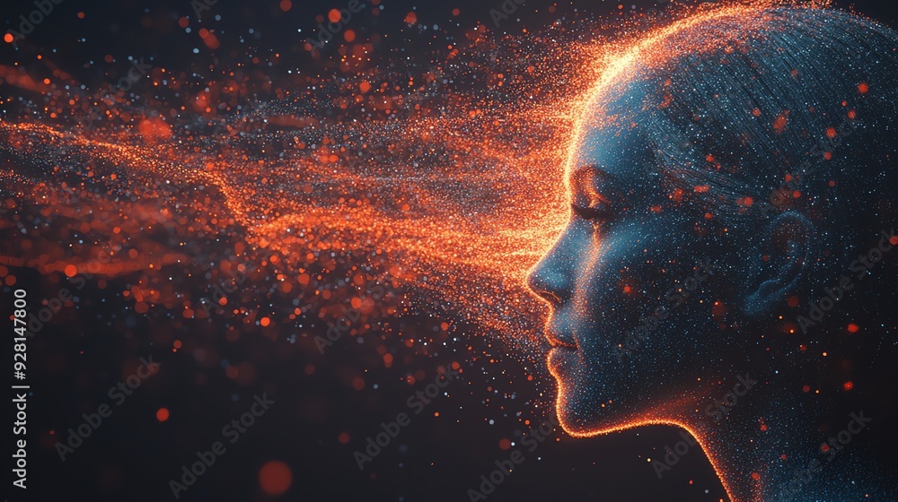 Poster abstract face formed from glowing particles.