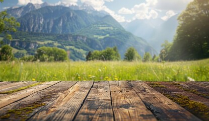 Naklejka premium Wooden Plank Overlooking Lush Green Mountain Valley