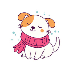 Cute Puppy Dog Cartoon Animal Wearing Scarf Under Snow with Happy Expression