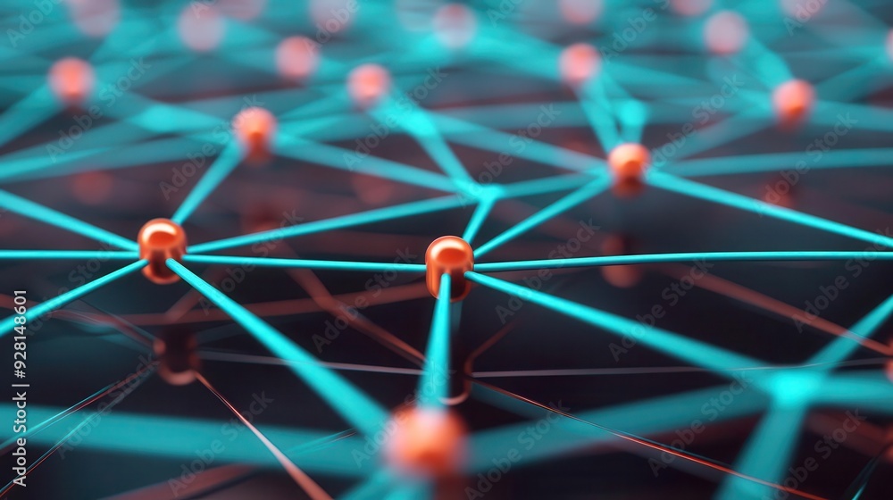 Poster abstract representation of a network with glowing nodes and connecting lines, symbolizing technology