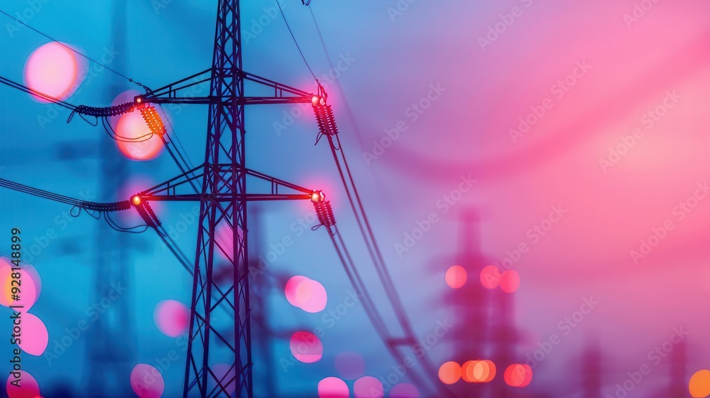Poster vibrant power lines illuminated by colorful lights create an artistic view of modern electricity inf