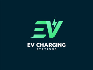 Electric Vehicle Charger letter EV with Lightning Bolt Symbol in letter V logo vector design concept. Letter EV logotype symbol for Electric Car, EV station, Electric Vehicle industry, ui, energy, web