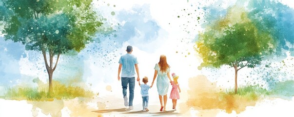 Watercolor painting of a family walking hand in hand in a serene park setting with green trees, symbolizing togetherness and nature's tranquility.