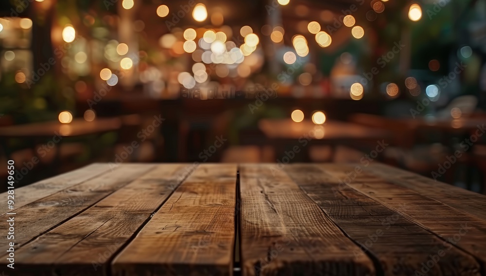 Poster wooden tabletop with blurred bokeh lights in background