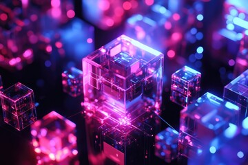 Abstract Composition of Neon-Lit Glass Cubes