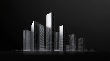 Fototapeta premium Black and white cityscape with tall buildings and reflections.