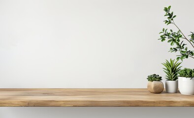 Wooden Shelf with Green Plants and White Wall Background