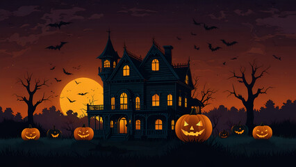 Spooky halloween pumpkin jack o lantern heads in front of a haunted house in the background lit up by full moon. 3d rendering
