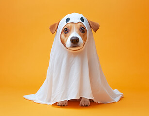 Funny dog wearing cute ghost Halloween costume on orange background.
