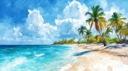 A serene beach scene featuring palm trees and gentle waves under a bright blue sky, perfect for relaxation and vacation imagery.