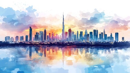 Fototapeta premium A vibrant watercolor painting of a city skyline during sunset, reflecting colors on the water.