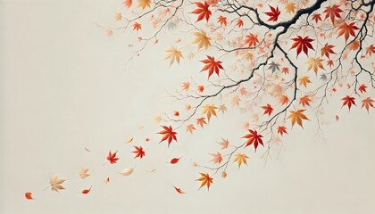  An autumnal illustration showcasing a tree branch with a variety of leaves in red, orange, and yellow hues.