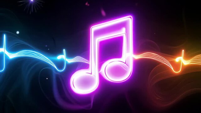 Colorful musical notes illuminate the dark background with vibrant patterns, creating a dynamic and artistic display of sound and light.