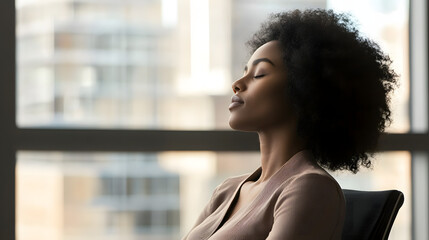 Mindful moment in the office: Woman practicing deep breathing, eyes gently closed, surrounded by soft natural light, serene workspace atmosphere, promoting mindfulness and well-being in the workplace.