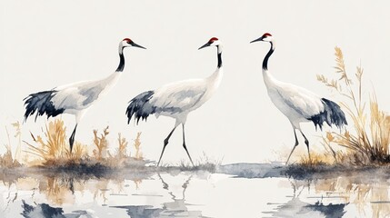 Obraz premium Elegant cranes wade through serene waters, embodying grace and beauty in a tranquil natural setting.