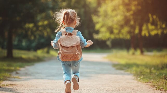 Cute little girl with backpack running to school on sunny summer day. Back to school concept. Education concept. copy space for text.