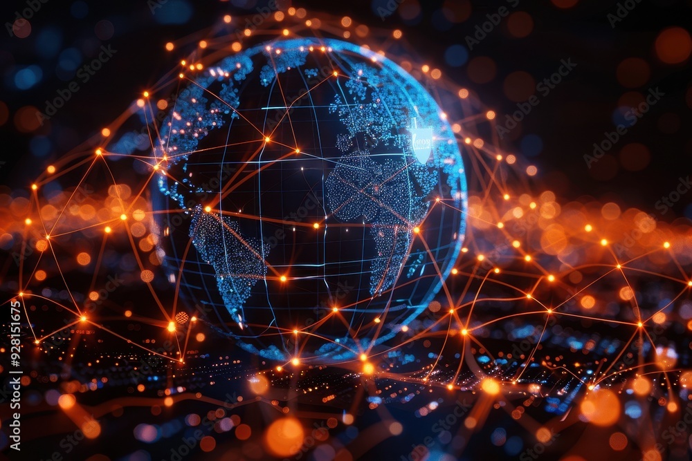 Poster a digital representation of a globe connected by glowing lines, symbolizing global communication and
