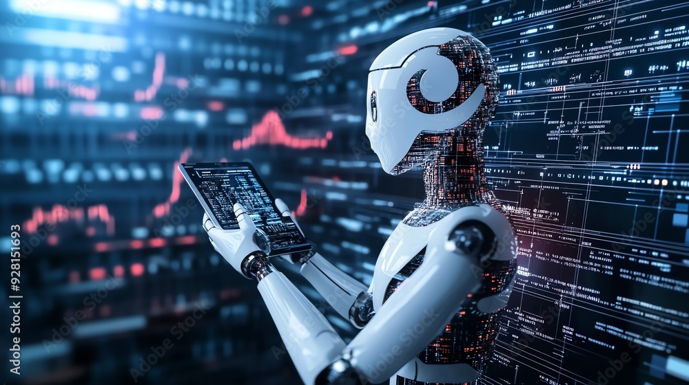 Aufkleber AI robot analyzing data on tablet.