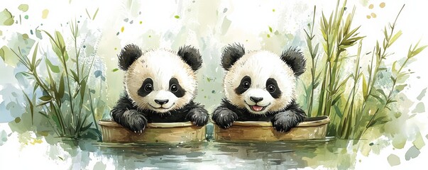 Two playful pandas in a serene setting, enjoying their time in nature, surrounded by bamboo and tranquil waters.