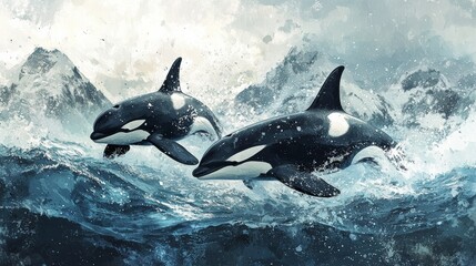 Fototapeta premium Two orcas swim majestically through turbulent waters, surrounded by dramatic mountains and a captivating oceanic landscape.