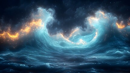 Fototapeta premium Captivating Bioluminescent Wave of Shimmering Aquamarine Light Flowing Dynamically Across a Gradient Canvas