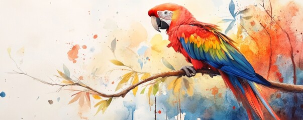 Obraz premium Vibrant watercolor painting of a colorful parrot perched on a branch, surrounded by artistic splashes of color and nature.