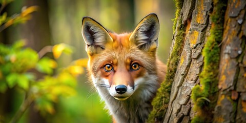Naklejka premium A cunning red fox with piercing yellow eyes and a bushy tail peeks out from behind a tree, exuding slyness and mischief in a forest setting.