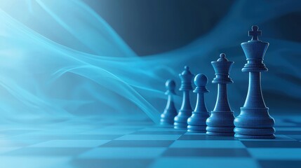 A captivating image of blue chess pieces set against a mystical backdrop, symbolizing strategy and competition in a game of chess.