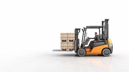 A forklift is driving down a road with a pallet of boxes in the back,white background, isolated, 3d