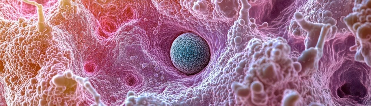 High magnification of epithelial cells, focusing on the nucleus and its role in the rapid growth and regeneration of tissue
