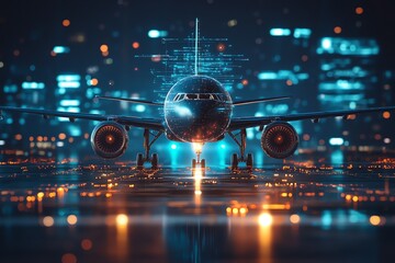 Airplane at night with digital overlays.