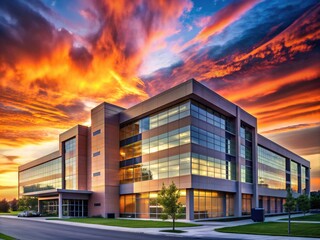 Fototapeta premium A dramatic sunset casts a warm glow on the modern hospital building's silhouette, with its sleek architecture and rows of windows standing out against a vibrant sky.