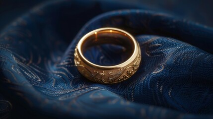A golden wedding ring on a rich navy blue background, focusing on the ring's intricate engravings and the symbol of eternal love.