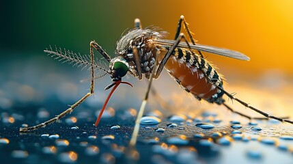 Naklejka premium A Mosquito Perched on Dew-Covered Surface