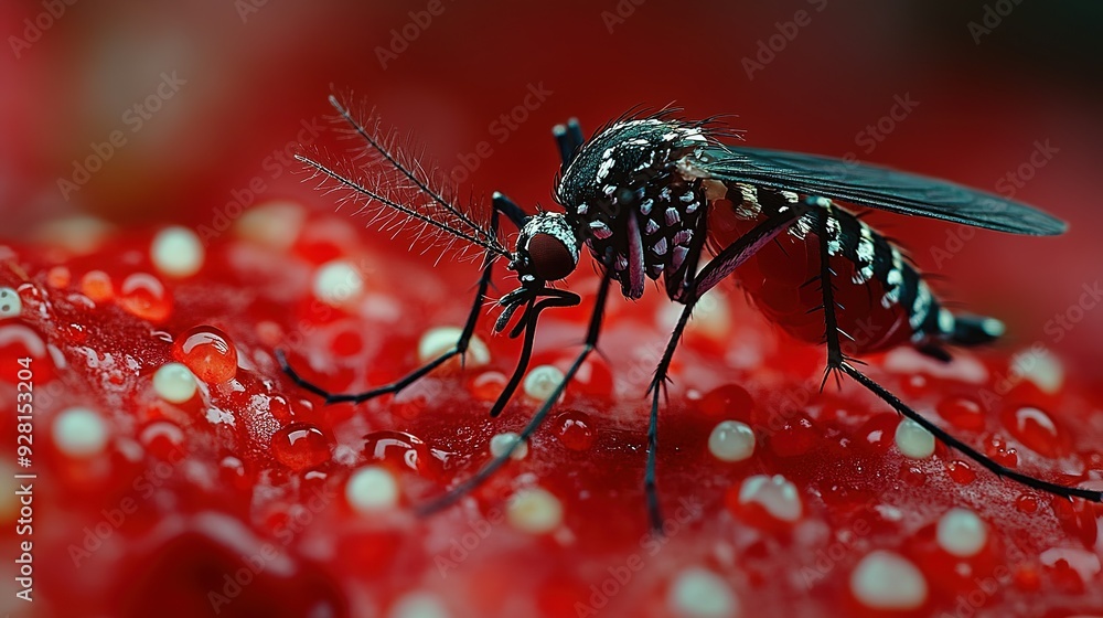 Poster a macro view of a mosquito on a red surface