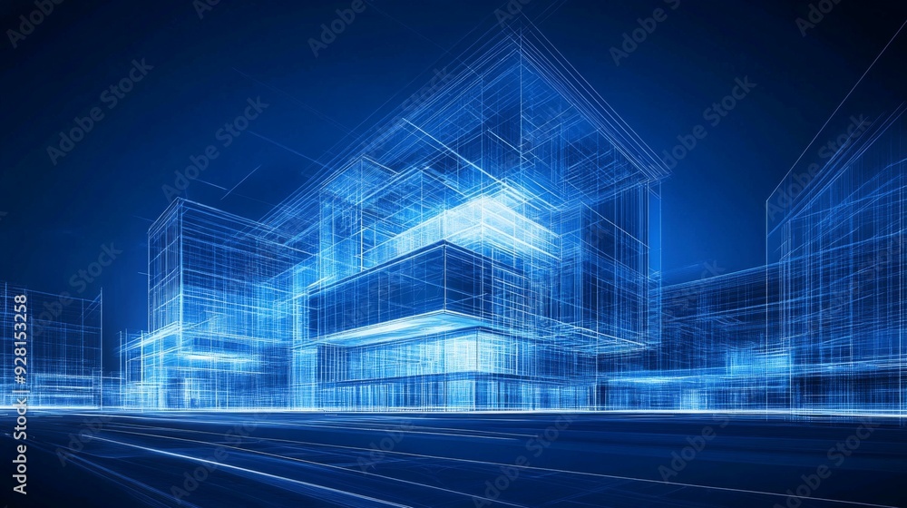 Poster wireframe of a modern building with glowing lines on a blue background.