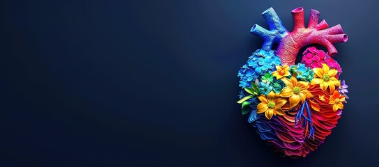 Colorful anatomical heart model with flowers on a dark blue background. Concept of love, health, life, and nature.