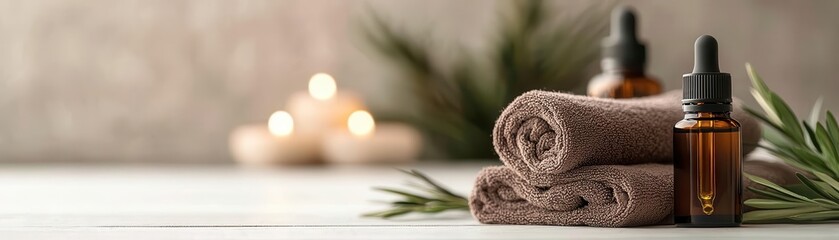 Essential oils and spa tools in calm setting close up, focus on, copy space, tranquil color scheme, Double exposure silhouette with gentle breeze