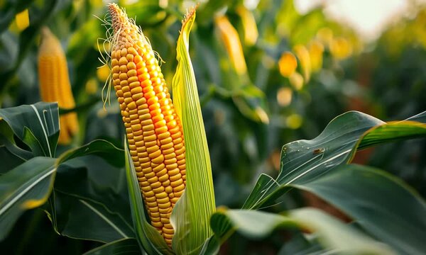 A single ear of corn growing in a field of corn.