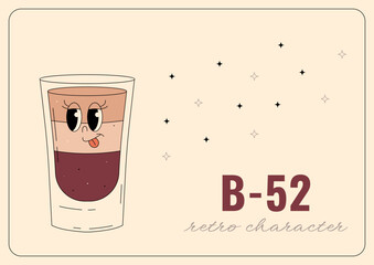 Groovy character b52. Retro banner and label with popular alcoholic beverage. Cafe bar or cocktail lounge logo and sign. Summer vintage vector illustration