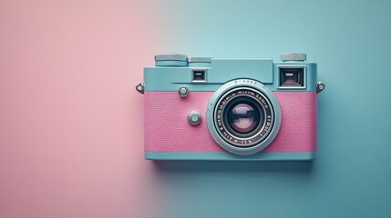 Fototapeta premium Vintage Pink and Blue Camera on a Gradient Background