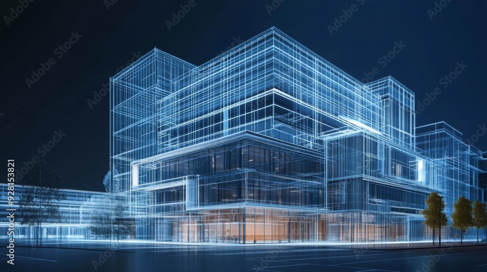 Poster wireframe of a modern building with glowing lines.