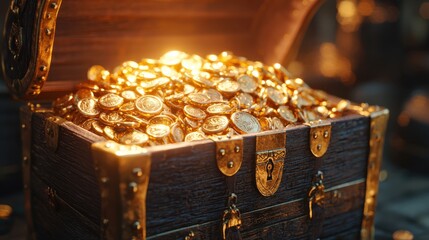 A treasure chest overflowing with shimmering gold coins, illuminated by a warm light, evoking feelings of adventure and riches.