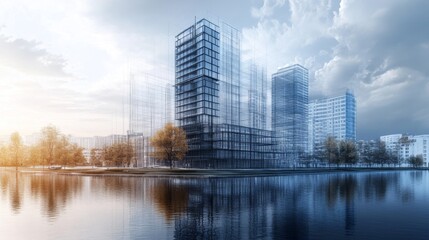 Obraz premium Modern city skyline with reflection in the water.