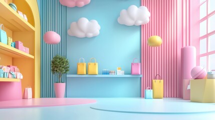 A vibrant pastel-colored room with playful design elements, including clouds and bright decor, perfect for children's creativity.