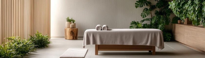 Cozy spa with soft daylight illuminating a stone massage table, surrounded by greenery and wooden accents, creating a harmonious setting, 35mm lens