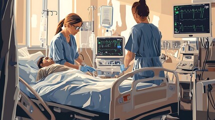 Nurse checking a patientâ€™s vital signs in a hospital room, emphasizing close and attentive care